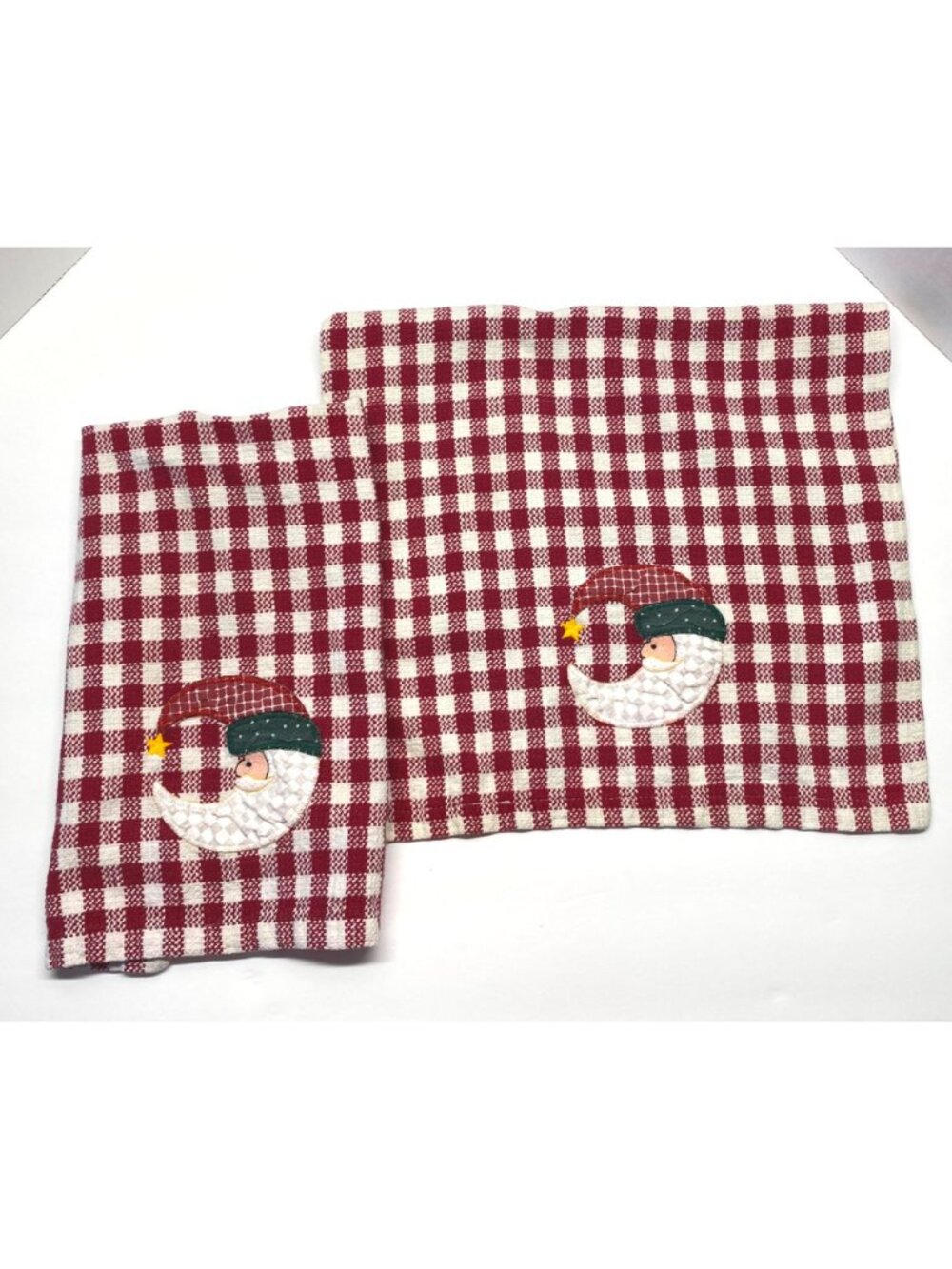 Santa Holiday Checkered Dish Towels Set Red White Moon Face Applique Festive - Picture 3 of 8